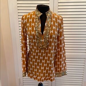 Tory Burch Gold and White Geometric Top silk size 4